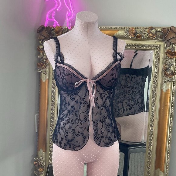 Y2K rampage Sheer Lace Tie Front Ruffle Trim Croset Top Sleeveless Size S Black - Picture 1 of 4